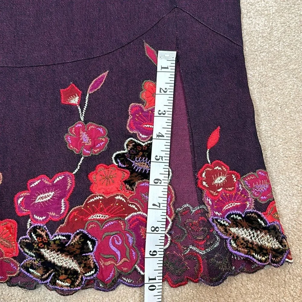 Nanette Lepore Knee Length Purple Embroidered Slit Flower Skirt Women Size 4